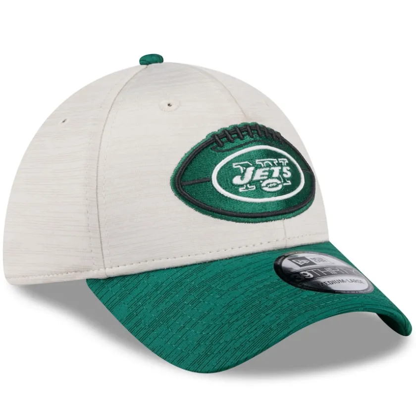 Flex^New York Jets Men's New Era Stone/Green 2024 Sideline Historic 39THIRTY Flex Hat