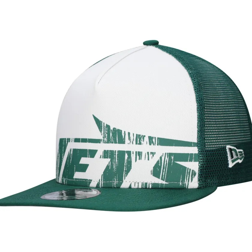 Snapback^New York Jets Men's New Era White/Green Distressed 9FIFTY A-Frame Snapback Hat