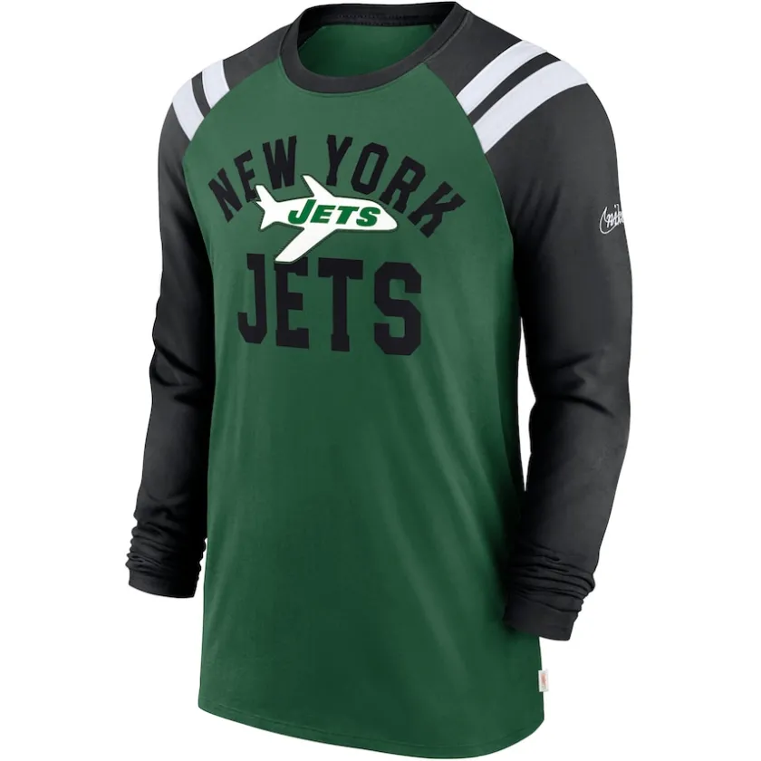 Long Sleeved^New York Jets Men's Nike Green/Black Classic Arc Raglan Tri-Blend Long Sleeve T-Shirt