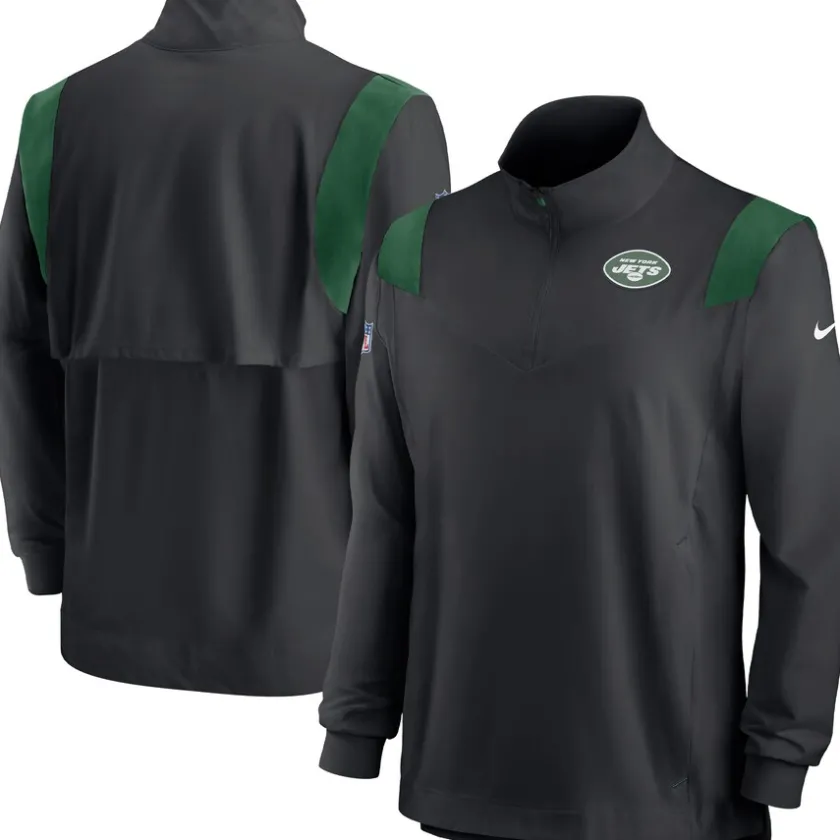 Long Sleeved^New York Jets Men's Nike Black Sideline Coach Chevron Lockup Quarter-Zip Long Sleeve Top
