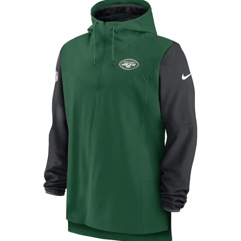 Jackets|Sweatshirts & Fleece^New York Jets Men's Nike Green/Black Sideline Player Quarter-Zip Hoodie
