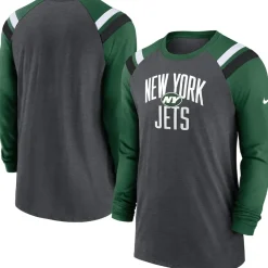 Long Sleeved^New York Jets Men's Nike Heathered Charcoal/Green Tri-Blend Raglan Athletic Long Sleeve Fashion T-Shirt