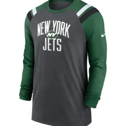 Long Sleeved^New York Jets Men's Nike Heathered Charcoal/Green Tri-Blend Raglan Athletic Long Sleeve Fashion T-Shirt