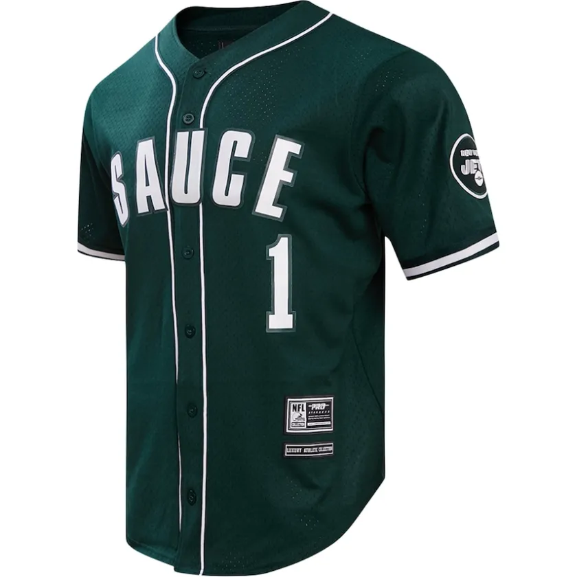 Sweaters & Dress Shirts^New York Jets Men's Pro Standard Ahmad Sauce Gardner Green Mesh Button-Up Baseball Jersey