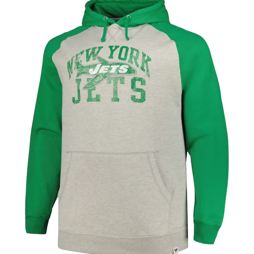 Big & Tall^New York Jets Men's Profile Heather Gray/Green Big & Tall Favorite Arch Throwback Raglan Pullover Hoodie