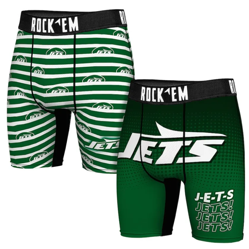 Underwear & Sleepwear|Underwear & Sleepwear^New York Jets Men's Rock Em Socks Green Two-Pack Mascot Slogan Boxer Briefs