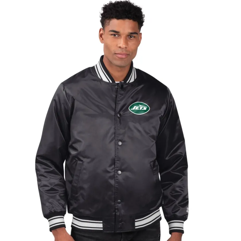 Jackets^New York Jets Men's Starter Black Team Logo Satin Varsity Full-Snap Jacket
