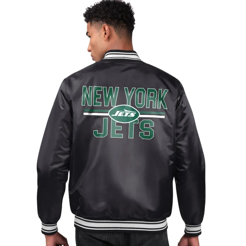 Jackets^New York Jets Men's Starter Black Team Logo Satin Varsity Full-Snap Jacket