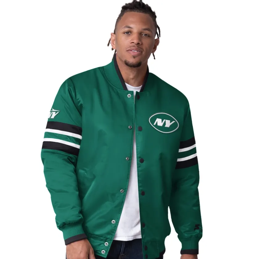 Jackets^New York Jets Men's Starter Green Scout I Full-Snap Varsity Jacket