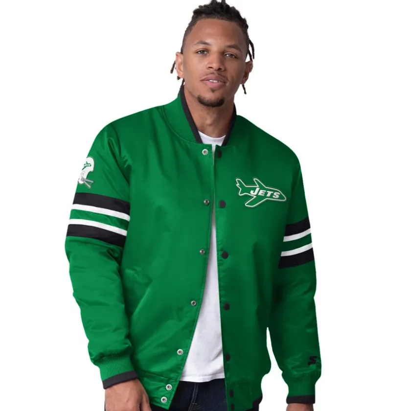 Jackets^New York Jets Men's Starter Green Vintage Logo Scout I Full-Snap Varsity Jacket