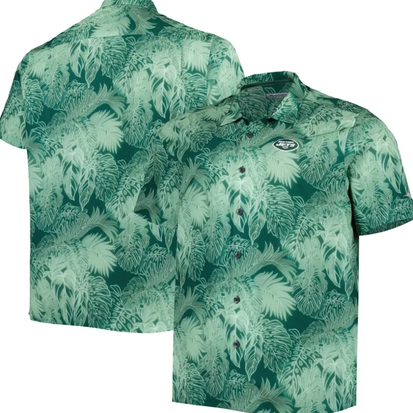 Sweaters & Dress Shirts|Big & Tall^New York Jets Men's Tommy Bahama Green Big & Tall Bahama Coast Luminescent Fronds Camp IslandZone Button-Up Shirt