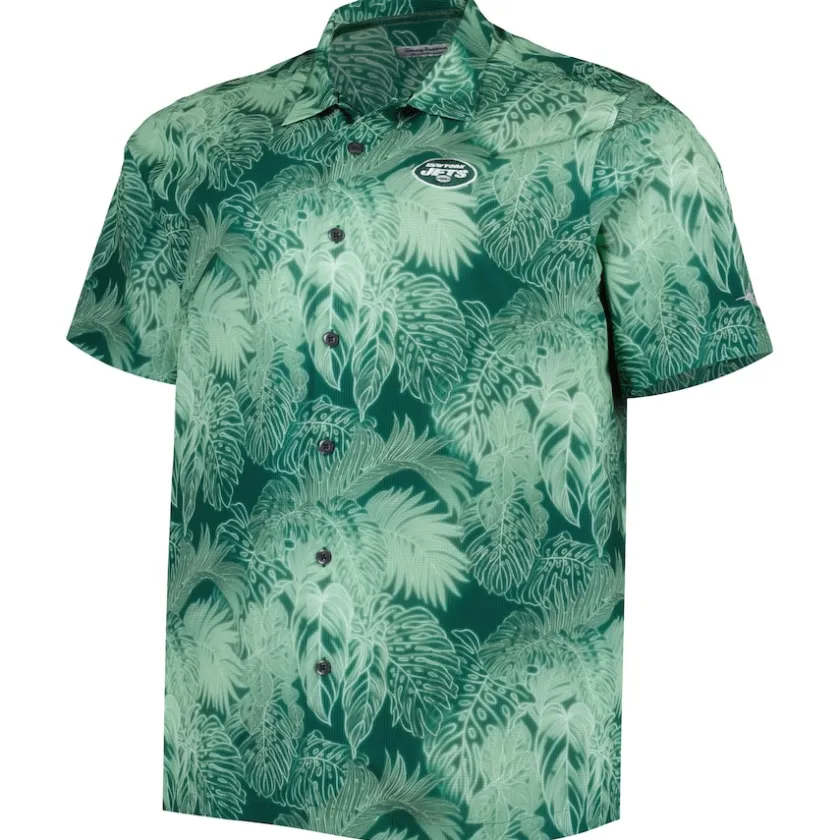 Sweaters & Dress Shirts|Big & Tall^New York Jets Men's Tommy Bahama Green Big & Tall Bahama Coast Luminescent Fronds Camp IslandZone Button-Up Shirt