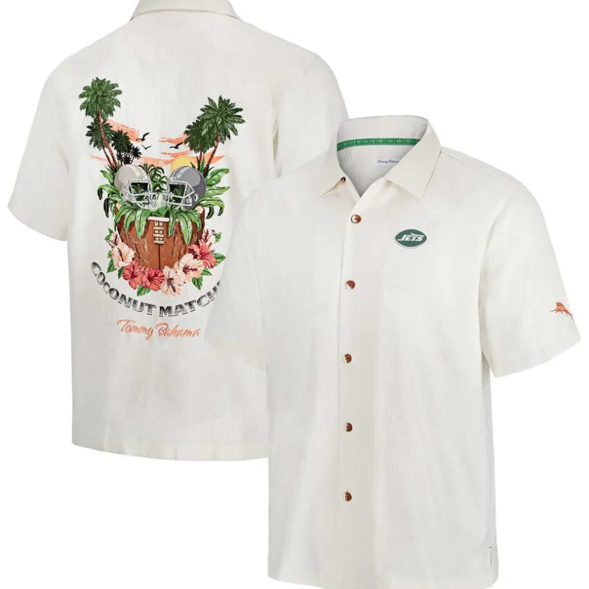 Sweaters & Dress Shirts^New York Jets Men's Tommy Bahama White Coconut Matchup Camp Button-Up Shirt