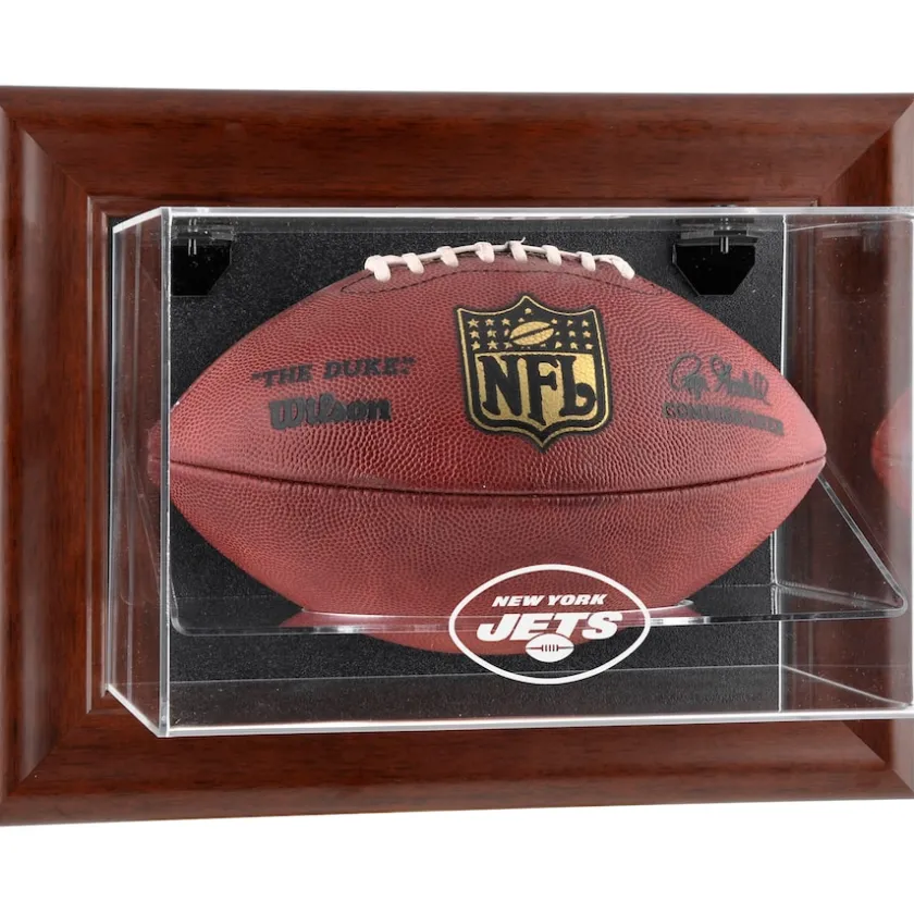 Display Cases^New York Jets Brown Framed Wall-Mountable Football Display Case