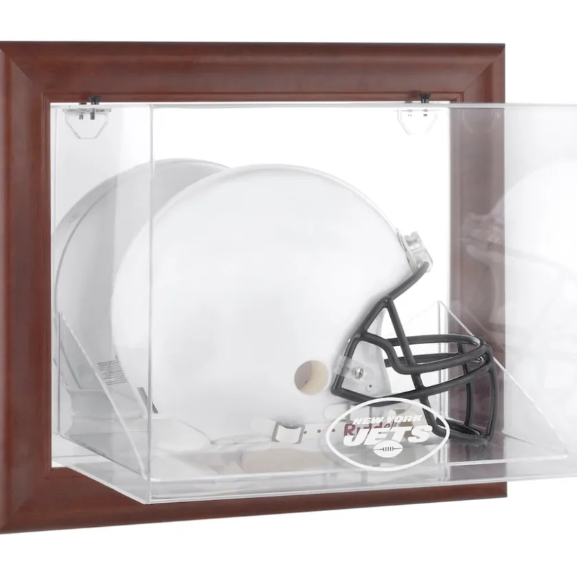 Display Cases^New York Jets Brown Framed Wall-Mountable Logo Helmet Case