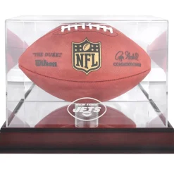Display Cases^New York Jets Mahogany Football Logo Display Case With Mirror Back
