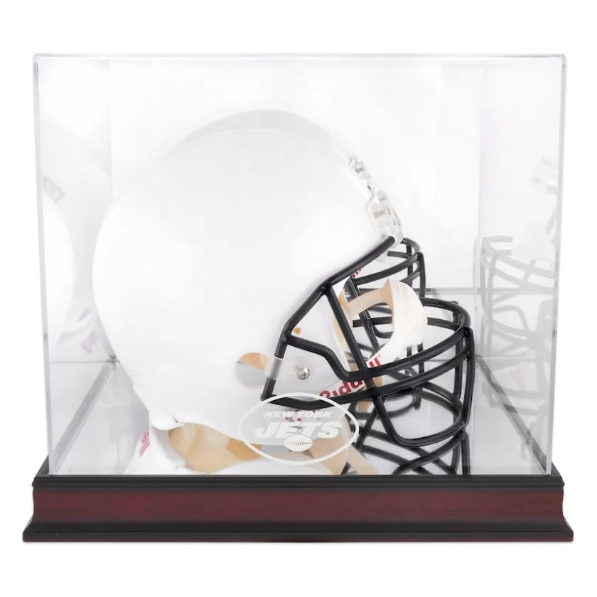 Display Cases^New York Jets Mahogany Helmet Logo Display Case With Mirror Back