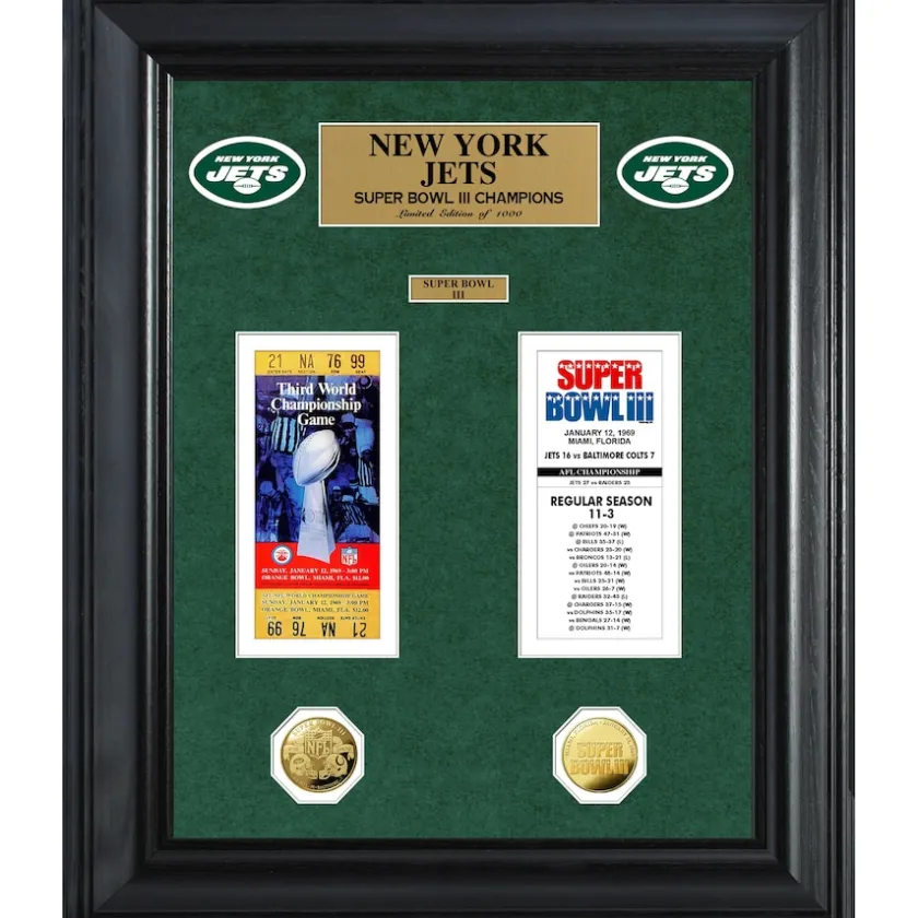 Plaques^New York Jets Super Bowl Ticket And Game Coin Collection Framed
