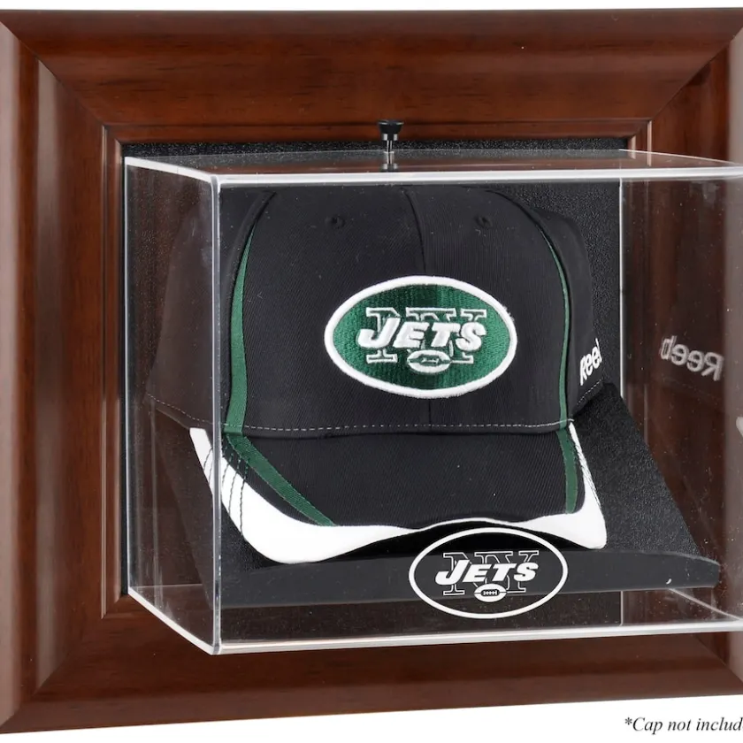 Display Cases^New York Jets Throwback Logo 1998 - 2018 Brown Framed Wall-Mountable Baseball Cap Case