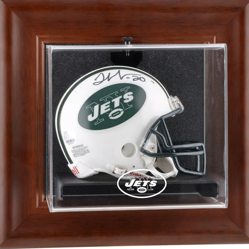 Display Cases^New York Jets Throwback Logo 1998 - 2018 Brown Framed Wall-Mountable Mini Helmet Display Case