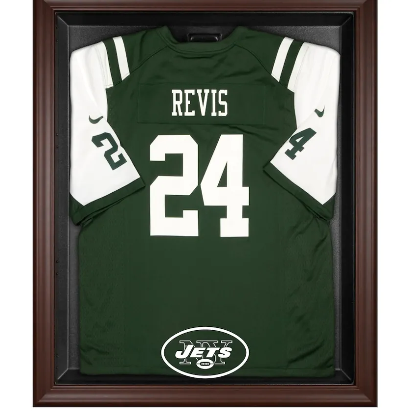 Display Cases^New York Jets Throwback Logo 1998 - 2018 Brown Framed Logo Jersey Display Case