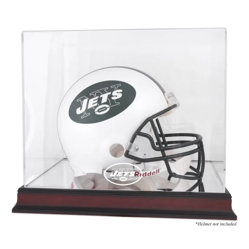 Display Cases^New York Jets Throwback Logo 1998 - 2018 Mahogany Helmet Logo Display Case With Mirror Back