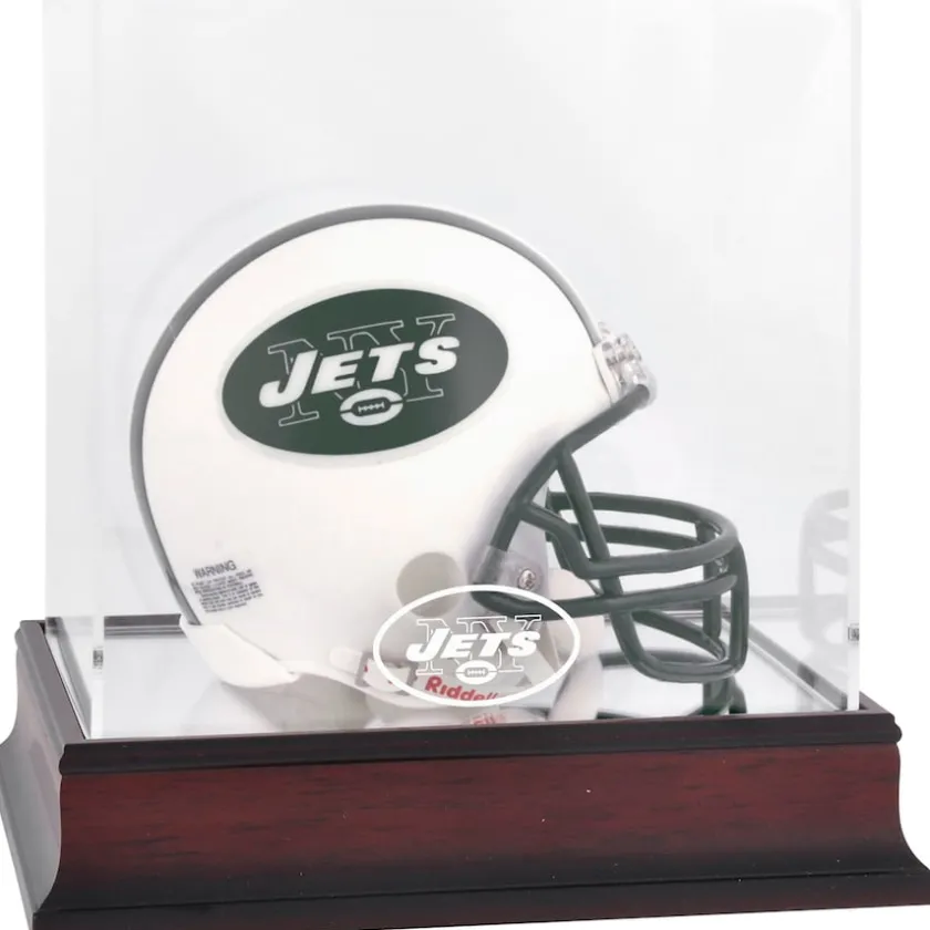 Display Cases^New York Jets Throwback Logo 1998 - 2018 Mahogany Logo Mini Helmet Display Case