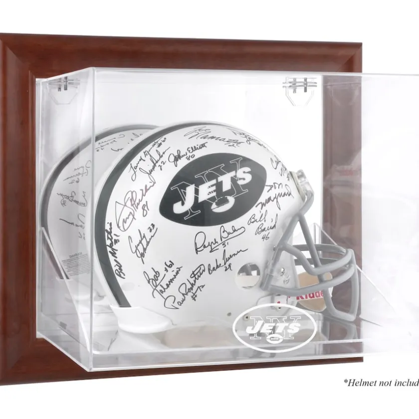 Display Cases^New York Jets Throwback Logo 1998 - 2018 Brown Framed Wall-Mountable Logo Helmet Case