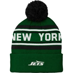 Hats|Kids^New York Jets Preschool Green Jacquard Cuffed Knit Hat With Pom