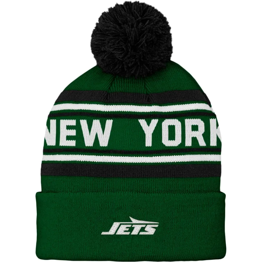 Hats|Kids^New York Jets Preschool Green Jacquard Cuffed Knit Hat With Pom