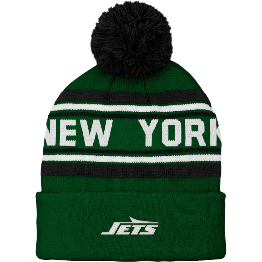Hats|Kids^New York Jets Preschool Green Jacquard Cuffed Knit Hat With Pom