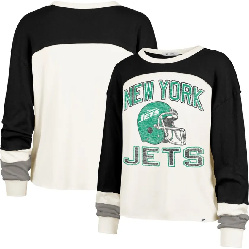 T-Shirts|Women^New York Jets Women's '47 Cream Double Header Curve Raglan Long Sleeve Crop Top