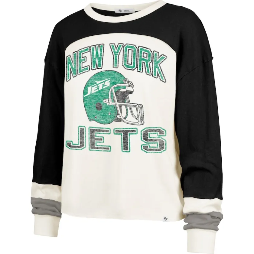 T-Shirts|Women^New York Jets Women's '47 Cream Double Header Curve Raglan Long Sleeve Crop Top