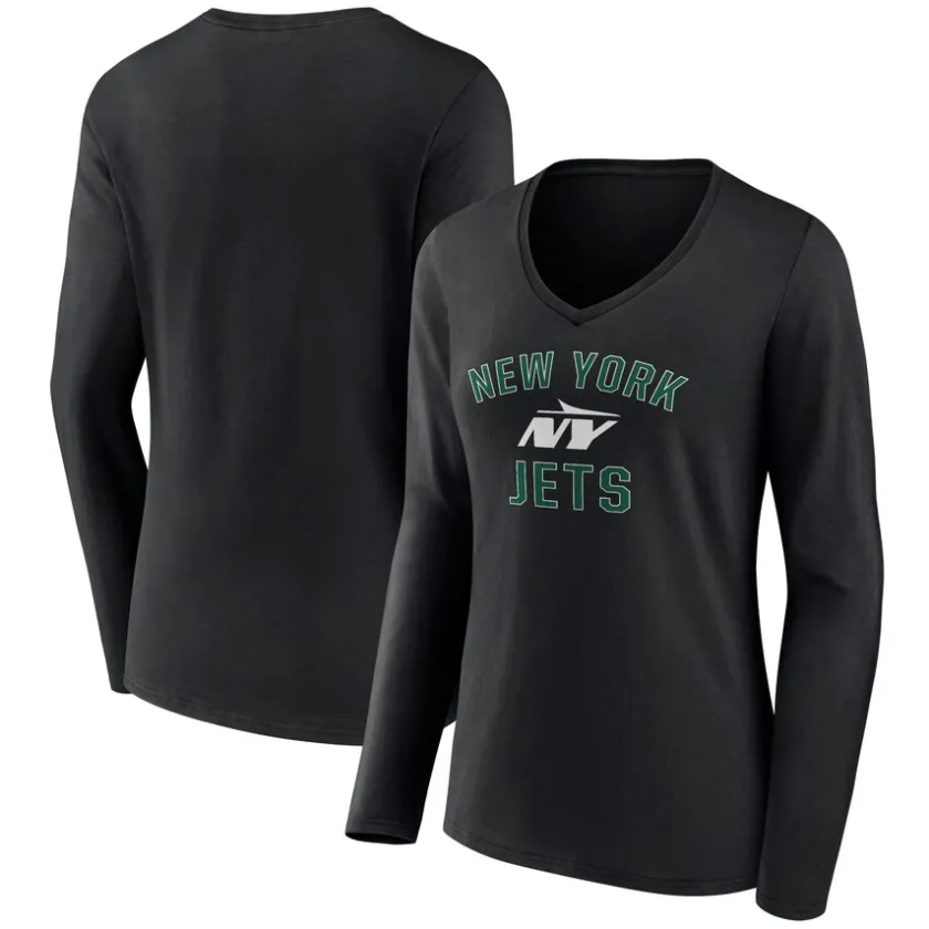 T-Shirts|Women^New York Jets Women's Black Victory Arch Long Sleeve V-Neck T-Shirt