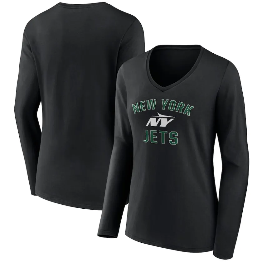 T-Shirts|Women^New York Jets Women's Black Victory Arch Long Sleeve V-Neck T-Shirt