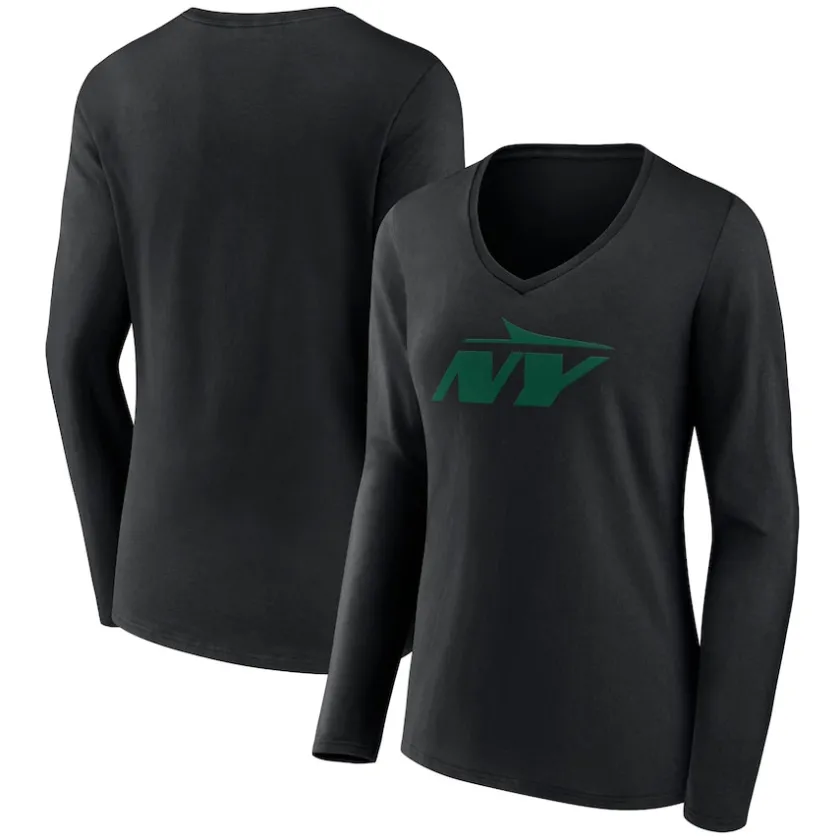 Long Sleeved^New York Jets Women's Black Secondary Logo Long Sleeve V-Neck T-Shirt