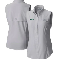 Tank Tops^New York Jets Women's Columbia Gray PFG Tamiami Omni-Shade Sleeveless Button-Up Shirt