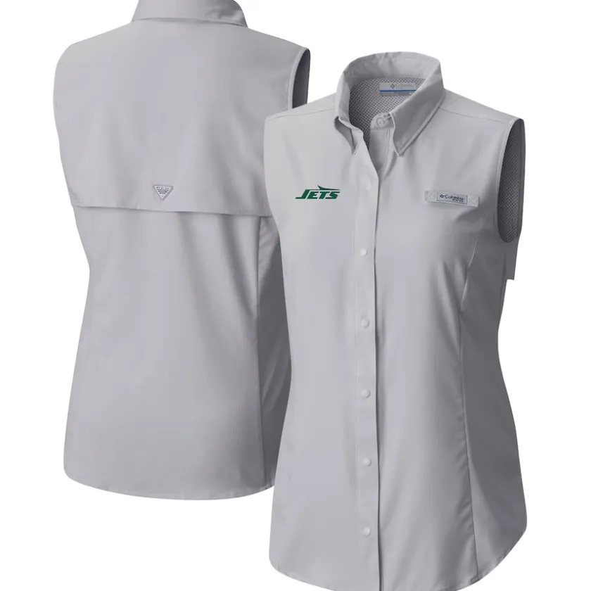 Tank Tops^New York Jets Women's Columbia Gray PFG Tamiami Omni-Shade Sleeveless Button-Up Shirt