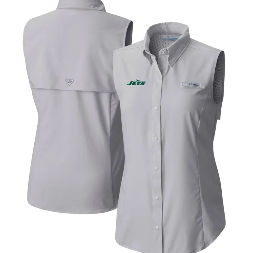 Tank Tops^New York Jets Women's Columbia Gray PFG Tamiami Omni-Shade Sleeveless Button-Up Shirt