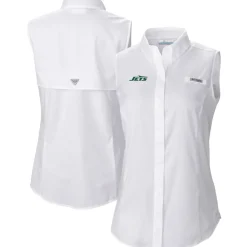 Tank Tops^New York Jets Women's Columbia White PFG Tamiami Omni-Shade Sleeveless Button-Up Shirt