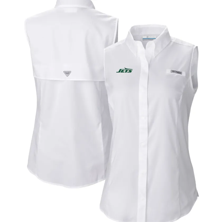 Tank Tops^New York Jets Women's Columbia White PFG Tamiami Omni-Shade Sleeveless Button-Up Shirt