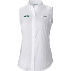 Tank Tops^New York Jets Women's Columbia White PFG Tamiami Omni-Shade Sleeveless Button-Up Shirt