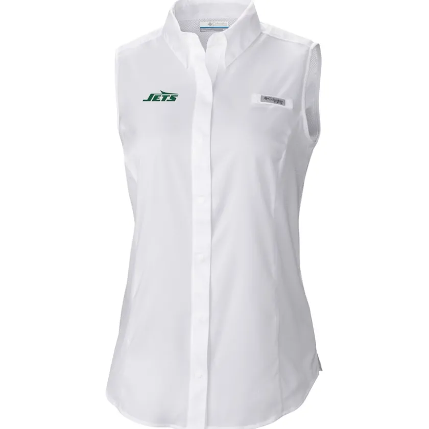 Tank Tops^New York Jets Women's Columbia White PFG Tamiami Omni-Shade Sleeveless Button-Up Shirt