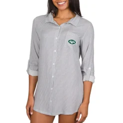 Underwear & Sleepwear^New York Jets Women's Concepts Sport Gray/White Melody Woven Button-Up Long Sleeve Nightshirt