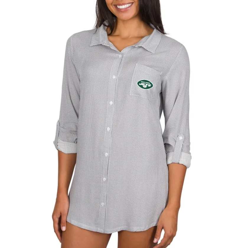 Underwear & Sleepwear^New York Jets Women's Concepts Sport Gray/White Melody Woven Button-Up Long Sleeve Nightshirt