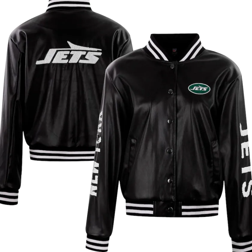 Jackets^New York Jets Women's Cuce Black Vegan Leather Full-Snap Jacket