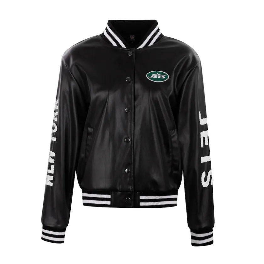 Jackets^New York Jets Women's Cuce Black Vegan Leather Full-Snap Jacket