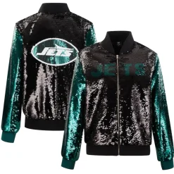 Jackets^New York Jets Women's Cuce Black/Green Two-Tone Sequin Full-Zip Jacket