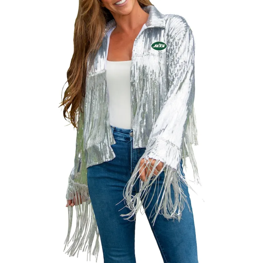 Jackets^New York Jets Women's Cuce Silver Sequin Fringe Blazer