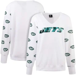 Sweatshirts & Fleece|Women^New York Jets Women's Cuce White Sequin Fleece V-Neck T-Shirt